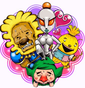 1girl 3boys armor backpack bag blue_armor blue_bag blue_lips bodysuit boots bracer breasts buck_teeth buriki_(tingle) closed_eyes fangs foot_on_head furrowed_brow green_bodysuit hands_on_own_hips heart high_heel_boots high_heels hood hooded_bodysuit kakashi_(tingle) lion_(tingle) lion_boy lion_mane looking_at_viewer male_focus marking_on_cheek medium_breasts mole mole_under_mouth multiple_boys nervous_sweating no_pupils open_mouth orange_eyes patchwork_clothes pauldrons pointy_ears ripened_tingle's_balloon_trip_of_love robo_(pollyanna_i) robot_girl scarecrow shoulder_armor smile snot straw_(stalk) sweat teeth thick_lips tingle white_background white_eyes