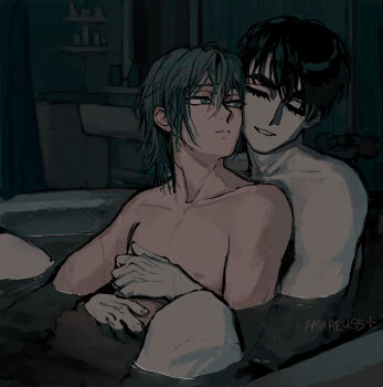 2boys absurdres alien_stage amareuss bathtub black_hair closed_eyes commentary english_commentary green_eyes grey_hair highres ivan_(alien_stage) looking_at_another male_focus multiple_boys same-sex_bathing shared_bathing signature till_(alien_stage) water yaoi