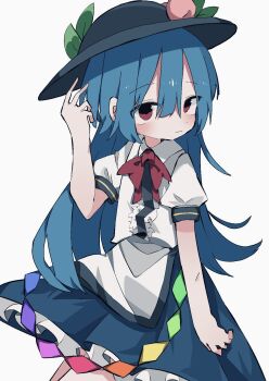 1girl black_hat blue_hair blue_skirt blush bow bowtie center_frills closed_mouth commentary frilled_skirt frills hair_between_eyes hat highres hinanawi_tenshi leaf long_hair nacht_musik peach_hat_ornament rainbow_gradient red_bow red_bowtie red_eyes short_sleeves simple_background skirt solo touhou white_background