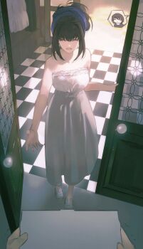 1girl absurdres animal_slippers aozaki_aoko bandana blue_bandana box breasts brown_hair bunny_slippers checkered_floor closed_eyes commentary doorway dress from_front from_outside full_body hair_intakes highres holding holding_box kuonji_alice large_breasts mahou_tsukai_no_yoru motion_lines multiple_girls open_door open_mouth pov pov_hands reaching reaching_towards_viewer sidelocks slippers smile solo_focus spoken_character standing symbol-only_commentary trembling white_dress yuishironeko