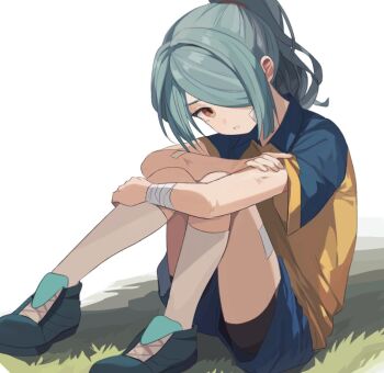 1boy bandaged_arm bandages blue_hair blue_shorts brown_eyes collared_shirt ebi_(shrimp_eleven) gauze gauze_on_arm gauze_on_cheek grass hair_over_one_eye hugging_own_legs inazuma_eleven inazuma_eleven_(series) kazemaru_ichirouta knees_up legs long_hair male_focus multicolored_shirt one_eye_covered parted_lips ponytail shirt short_sleeves shorts sitting soccer_uniform solo sportswear t-shirt teeth trap