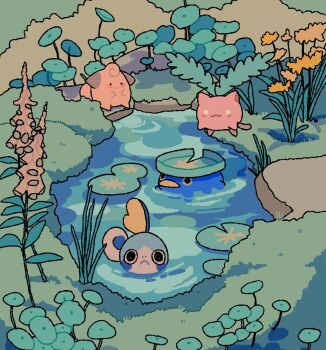 ._. :> :< :3 anikeru cleffa closed_mouth commentary english_commentary floating flower gen_2_pokemon gen_3_pokemon gen_8_pokemon grass highres hoppip leaf lily_pad looking_at_viewer lotad nature nintendo no_humans nostrils outdoors plant pokemon pokemon_(creature) pokemon_focus sitting smile sobble swimming water yellow_eyes