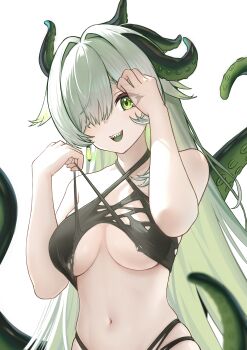 1girl :d absurdres azur_lane bare_shoulders bikini bikini_top_pull black_bikini breasts colored_tongue commentary_request cowboy_shot dead_knight_(20355611) earrings green_eyes green_hair green_tongue grey_hair hair_between_eyes hair_intakes hair_over_one_eye hands_up highres jewelry lantern_earrings large_breasts long_hair looking_at_viewer navel open_mouth royal_james_(azur_lane) sharp_teeth sidelocks simple_background smile solo standing stomach suction_cups swimsuit teeth tentacles underboob upper_teeth_only white_background