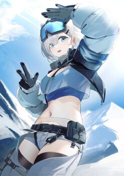 1girl :d absurdres animal_ears arknights arknights:_endfield arms_up aurora_(arknights) bear_ears belt belt_pouch black_gloves black_jacket black_thighhighs blue_eyes blue_sky blush breasts commentary cowboy_shot crop_top day edible_sus extra_ears gloves goggles highres jacket large_breasts long_sleeves looking_at_viewer midriff mountain navel open_clothes open_jacket open_mouth outdoors pants pouch puffy_long_sleeves puffy_sleeves revision see-through_clothes short_hair ski_goggles sky smile snowshine_(arknights) solo sunlight thigh_strap thighhighs thighs white_hair white_pants