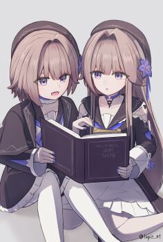 2girls absurdres beret black_dress black_hat book brown_hair choker clothing_cutout doll_joints dress dual_persona flower grey_background hair_flower hair_intakes hair_ornament hat herta_(honkai:_star_rail) herta_(puppet)_(honkai:_star_rail) herta_(stars_silent_as_enigmas)_(honkai:_star_rail) highres holding holding_book honkai:_star_rail honkai_(series) joints key knees_up lapis_nt long_hair looking_at_another multiple_girls open_book open_mouth pointing pointing_at_object purple_choker purple_eyes purple_flower reading revision short_hair shoulder_cutout side-by-side simple_background sitting thighhighs wariza white_thighhighs