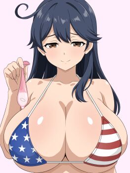 1girl absurdres alternate_breast_size_(larger) american_flag american_flag_bikini american_flag_print armpit_crease bikini blue_hair blush breasts brown_eyes collarbone commentary_request condom double-parted_bangs flag_print flag_print_bikini hand_up highres holding huge_breasts kantai_collection long_hair looking_at_viewer micro_bikini migikoba pink_background print_bikini solo swimsuit upper_body used_condom ushio_(kancolle)