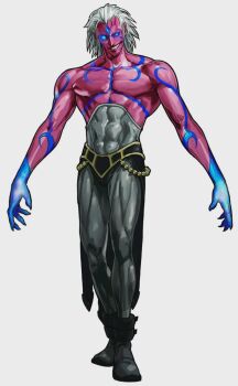 1boy blue_eyes colored_skin evil_smile glowing glowing_eyes grin hiroaki_(kof) looking_at_viewer magaki_(kof) male_focus muscular muscular_male no_pupils official_art pink_skin simple_background smile snk solo teeth the_king_of_fighters white_background