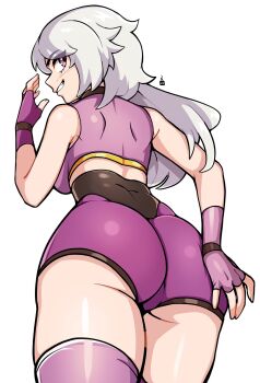 1girl ass bare_shoulders breasts commentary commission cowboy_shot crop_top english_commentary fingerless_gloves from_behind gloves hand_on_own_ass hand_up high-waist_shorts highres long_hair looking_at_viewer looking_back oninuer original purple_eyes purple_gloves purple_shorts purple_thighhighs shorts simple_background smile solo thighhighs thighs white_background white_hair