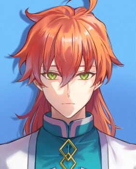 1boy ahoge blue_background blue_coat chaldea_logo chaldea_uniform closed_mouth coat commentary expressionless fate/grand_order fate_(series) green_eyes hair_between_eyes highres long_hair looking_at_viewer male_focus multicolored_coat orange_hair popped_collar poppoman portrait romani_archaman simple_background solo straight-on two-tone_coat white_coat