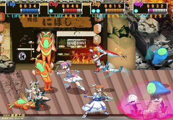 Rule 34 | bow, broken wall, choujigen game neptune, city, crossover, familiar (madoka magica), health bar, heei juun, holding, holding staff, isshiki akane, kamen rider, kamen rider (1st series), kaname madoka, kaname madoka (magical girl), lyrical nanoha, magical girl, mahou shoujo lyrical nanoha, mahou shoujo madoka magica, mahou shoujo madoka magica (anime), multiple crossover, neptune (series), noise (symphogear), raising heart, raising heart (cannon mode), senki zesshou symphogear, staff, tachibana hibiki (symphogear), takamachi nanoha, takamachi nanoha (movie 1st mode), vividred operation, yuuki yuuna wa yuusha de aru, yuusha de aru