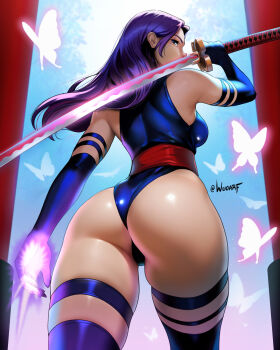 1girl absurdres arm_strap artist_name ass back blue_eyes blue_sky breasts bug butterfly curvy elbow_gloves from_below gloves glowing_butterfly highleg highleg_leotard highres holding holding_sword holding_weapon huge_ass insect katana large_breasts leotard long_hair looking_at_viewer marvel marvel_rivals psylocke psylocke_(vengeance) purple_hair purple_thighhighs shiny_skin shrine sky sleeveless sleeveless_turtleneck solo standing swept_bangs sword thigh_strap thighhighs thighs thong_leotard turtleneck weapon wide_hips wuoarf x-men