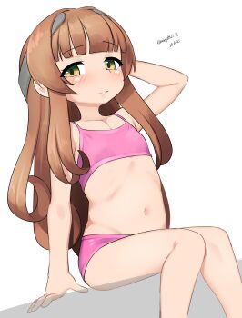 1girl absurdres aged_down bikini blunt_bangs brown_hair feet_out_of_frame flat_chest green_eyes headgear helena_(kancolle) highres kantai_collection long_hair maru_(marg0613) midriff navel one-hour_drawing_challenge pink_bikini simple_background sitting solo swimsuit white_background