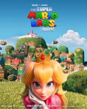1girl 3d blonde_hair blue_eyes cloud copyright_name crown dress earrings english_text gloves grass highres jewelry key_visual logo looking_at_viewer mario_(series) mushroom nintendo official_art own_hands_together pink_dress portrait princess_peach princess_peach&#039;s_castle promotional_art puffy_short_sleeves puffy_sleeves short_sleeves sky smile smug solo the_super_mario_bros._movie tree white_gloves