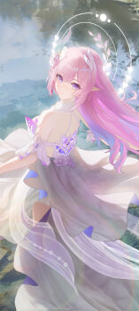 1girl bare_shoulders chinese_commentary closed_mouth commentary commentary_request cyrene_(honkai:_star_rail) cyrene_(ripples_of_past_reverie)_(honkai:_star_rail) dated dress english_commentary english_text from_side hair_between_eyes highres honkai:_star_rail honkai_(series) long_hair looking_at_viewer looking_to_the_side mixed-language_commentary outdoors paid_reward_available pink_hair purple_eyes reflection smile solo very_long_hair water watermark wboss web_address white_dress