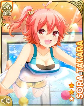 1girl ball black_bra blue_shirt bouncing bra card character_name day girlfriend_(kari) gym indoors official_art open_mouth pink_eyes pink_hair qp:flapper shirt shorts side_ponytail smile solo tagme takara_sora underwear yellow_shorts