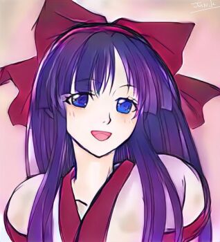 1girl ainu_clothes blue_eyes breasts hair_ribbon junkasumi110 long_hair looking_at_viewer medium_breasts nakoruru open_mouth purple_hair ribbon samurai_spirits smile snk solo the_king_of_fighters tongue