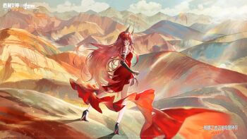 1girl absurdres antennae black_gloves black_shoes breasts chinese_commentary day dress elbow_gloves fang full_body gloves goddess_of_victory:_nikke high_heels highres large_breasts long_hair mountainous_horizon official_art open_mouth outdoors red_dress red_hair red_hood_(nikke) red_hood_(nonsense_red)_(nikke) second-party_source shoes skin_fang smile solo standing very_long_hair yellow_eyes