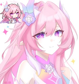 1girl bare_shoulders chibi chibi_inset chinese_commentary commentary_request cyrene_(honkai:_star_rail) cyrene_(ripples_of_past_reverie)_(honkai:_star_rail) diamond-shaped_pupils diamond_(shape) flower hair_flower hair_ornament highres honkai:_star_rail honkai:_star_rail_sticker_redraw_(meme) honkai_(series) long_hair looking_at_viewer meme pink_hair pointy_ears portrait purple_eyes reference_inset simple_background smile solo symbol-shaped_pupils very_long_hair white_background xirana58059