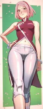1girl absurdres bare_shoulders blush boruto:_naruto_next_generations boruto_(series) breasts capri_pants closed_mouth commentary english_commentary facial_mark falling_petals forehead_mark green_background green_eyes hairband hand_on_own_hip haruno_sakura highres looking_at_viewer midriff naruto_(series) navel pants parted_bangs petals pink_hair red_hairband red_shirt shanghai_neckline shirt short_hair sidelocks sleeveless sleeveless_shirt small_breasts solo standing white_pants wristband xandredarium22