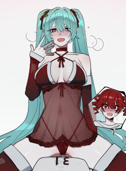 2girls absurdres blue_hair bra breasts commentary detached_sleeves hatsune_miku highres kasane_teto large_breasts long_hair multiple_girls panties ratatatat74 red_bra red_eyes red_hair red_panties see-through_clothes sitting sitting_on_person spread_legs symbol-only_commentary twintails underwear vocaloid