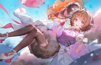 1girl :d ahoge animal_ears ardelia_(arknights) arknights arknights:_endfield arm_out_of_sleeve baby_animal balloon bare_shoulders black_thighhighs blue_eyes bow bowtie breasts brown_hair commentary curled_horns day dot_nose dress drill_hair drill_ponytail english_commentary eyjafjalla_(arknights) fingerless_gloves foot_out_of_frame fur-trimmed_dress fur_trim garter_straps gloves grey_horns greypidjun hair_intakes highres horns impossible_clothes impossible_dress lamb little_black_sheep_(arknights) looking_at_viewer medium_breasts off_shoulder on_cloud open_mouth pink_gloves red_eyes sheep sheep_ears sheep_girl sheep_horns shoes short_dress sleeveless sleeveless_dress smile solo teeth thighhighs two-sided_gloves upper_teeth_only white_bow white_bowtie white_gloves white_shoes wide_sleeves