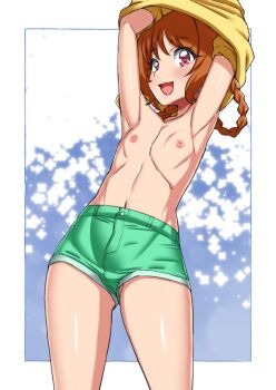 1girl armpits arms_up asortofcolorfag blush bra brown_hair colorized delicious_party_precure eyebrows_hidden_by_hair flat_chest green_shorts hair_rings hanamichi_ran highres large_variant_set looking_at_viewer medium_hair miyagoe_yoshitsuki navel nipples open_mouth precure red_eyes shorts smile solo stomach topless_female underwear variant_set white_bra
