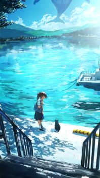 Rule 34 | 1girl, animal, bag, black cat, black hair, blue sky, boat, cat, cloud, cloudy sky, commentary request, dappled sunlight, day, flying whale, lake, looking at animal, original, outdoors, ponytail, reflection, reflective liquid, sanmen (threeface il), scenery, school bag, short sleeves, skirt, sky, stairs, sunlight, water, watercraft, whale, wide shot