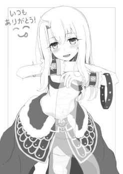 1girl absurdres bandeau bare_shoulders blush breasts cosplay fate/kaleid_liner_prisma_illya fate_(series) fur_trim greyscale heracles_(fate) heracles_(fate)_(cosplay) highres illyasviel_von_einzbern illyasviel_von_einzbern_(berserker_install) kebab_(blackdoll) long_hair looking_at_viewer monochrome nameless_axe-sword_(fate) navel open_mouth sidelocks small_breasts smile solo translation_request waist_cape weapon wrist_cuffs