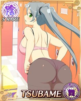 1girl :o ass bent_over black_pantyhose border bra breasts card_(medium) changing_clothes character_name from_behind game_cg green_eyes grey_hair large_breasts long_hair looking_at_viewer looking_back official_art panties panties_under_pantyhose pantyhose pink_bra pink_panties senran_kagura senran_kagura_new_wave solo swept_bangs third-party_source tsubame_(senran_kagura) twintails underwear very_long_hair