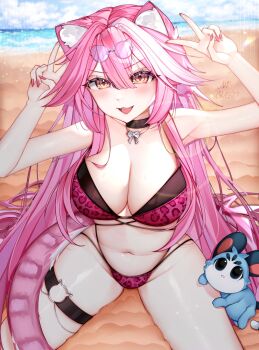 1girl animal_ears animal_print bare_shoulders beach bikini black_choker blue_sky blush bow_necklace breasts cat_o-ring chattino_(raora_panthera) choker cleavage cloud cloudy_sky collarbone commentary day double_v eyewear_on_head fang fingernails glint hair_intakes highres hololive hololive_english huge_breasts jewelry leopard_print leopard_print_bikini long_hair looking_at_viewer multicolored_hair nail_polish navel necklace ni_chego o-ring o-ring_thigh_strap ocean open_mouth outdoors panther_ears panther_girl panther_tail pink-tinted_eyewear pink_bikini pink_hair pink_nails pink_tail print_bikini raora_panthera sand sitting sky smile stomach streaked_hair sunglasses swimsuit tail teeth thigh_strap thighs tinted_eyewear tongue v virtual_youtuber yellow_eyes