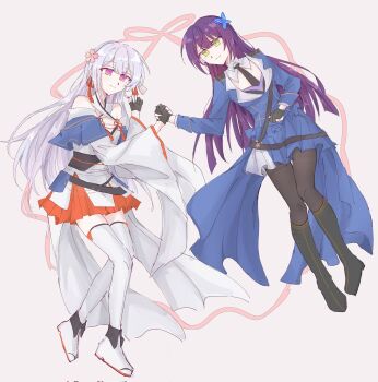 Rule 34 | 2girls, assault lily, bare shoulders, black boots, black gloves, black necktie, black pantyhose, blue jacket, blue skirt, boots, braid, bukejie, butterfly hair ornament, chinese commentary, closed mouth, commentary request, corrupted twitter file, criss-cross halter, detached collar, detached sleeves, epaulettes, flower, flower knot, full body, funada kiito, funada ui, gloves, green eyes, grey background, grey hair, hair flower, hair ornament, hair ribbon, halterneck, hand on own stomach, hands up, highres, holding hands, jacket, japanese clothes, jika-tabi, kimono, kimono skirt, knee boots, long hair, long sleeves, looking at another, miniskirt, multiple girls, necktie, obi, obijime, pantyhose, partially fingerless gloves, pink flower, pink ribbon, pleated skirt, purple eyes, purple hair, red ribbon, ribbon, sash, short kimono, siblings, side braid, simple background, single braid, sisters, skirt, smile, thighband pantyhose, thighhighs, very long hair, waist cape, white kimono, white thighhighs, wide sleeves