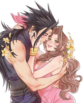 1boy 1girl aerith_gainsborough bare_shoulders belt black_hair blue_eyes blush bracelet breasts brown_hair cleavage commentary couple crisis_core:_final_fantasy_vii crylin6 dress english_commentary face-to-face final_fantasy final_fantasy_vii flower from_side green_eyes hair_ribbon hand_on_another's_cheek hand_on_another's_face hetero highres hug jewelry long_hair looking_at_another low_ponytail medium_breasts multiple_belts open_mouth petals pink_dress pink_ribbon ponytail profile ribbed_sweater ribbon sleeveless sleeveless_turtleneck spiked_hair sweater turtleneck turtleneck_sweater upper_body white_background yellow_flower yellow_petals zack_fair