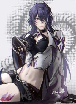 1girl acheron_(honkai:_star_rail) armor breasts choker claws fenmuru gloves hair_ornament hair_over_one_eye hashtag-only_commentary highres honkai:_star_rail honkai_(series) jacket leg_tattoo long_hair midriff multicolored_hair navel open_clothes open_jacket purple_eyes purple_hair shorts shoulder_armor signature sitting strap streaked_hair tattoo