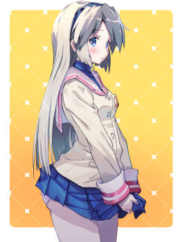 1girl :/ akayama_yukihe ass black_hairband blazer blue_eyes blue_shirt blue_skirt blush border clannad closed_mouth clothes_lift commentary_request cowboy_shot from_side frown grey_hair hair_between_eyes hairband highres hikarizaka_private_high_school_uniform jacket lifting_own_clothes long_hair long_sleeves looking_at_viewer miniskirt outside_border panties pleated_skirt sailor_collar sakagami_tomoyo school_uniform serafuku shirt sidelocks simple_background skirt skirt_lift solo straight_hair turtleneck turtleneck_shirt underwear very_long_hair white_border white_panties white_sailor_collar yellow_background yellow_jacket