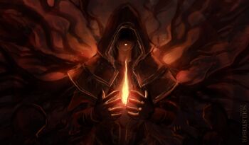 1girl absurdres black_gloves brown_hood closed_mouth commentary dark_souls_(series) dark_souls_i english_commentary expressionless fire gloves grey_hair highres hood hood_up pyrokinesis red_background shaded_face solo temmaru1 upper_body witch_of_izalith