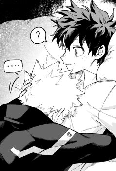 ... 2boys ? bakugou_katsuki boku_no_hero_academia closed_mouth collared_shirt commentary_request dutch_angle greyscale hand_in_another's_hair highres long_sleeves looking_at_another looking_down lying lying_on_person male_focus midoriya_izuku monochrome multiple_boys nacho_0717 on_back shirt short_hair smile speech_bubble spoken_ellipsis spoken_question_mark superhero_costume wing_collar yaoi