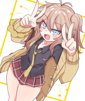 1girl :d antenna_hair blonde_hair blue_eyes cardigan chabatake_yunomi double_v fang gyaru highres kasukabe_tsumugi kogal necktie open_mouth school_uniform simple_background smile solo thick_thighs thighs v voiceroid