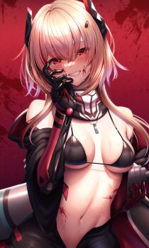 1boy 1girl absurdres bikini black_bikini blonde_hair blood blood_on_face girls'_frontline girls'_frontline_2:_exilium hand_on_own_cheek hand_on_own_face headgear highres looking_at_viewer m4_sopmod_ii_(girls'_frontline) mechanical_arms multicolored_hair navel partially_open_jacket red_eyes short_hair_with_long_locks single_mechanical_arm skull_print smile solo soppo_(girls'_frontline_2) streaked_hair swimsuit xlscaler