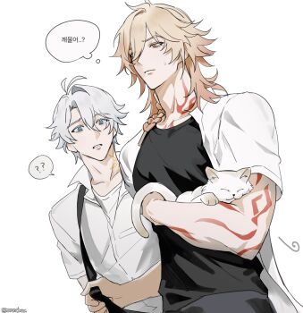 2boys animal antenna_hair arm_tattoo black_shirt blonde_hair blue_eyes braid cat collared_shirt facial_tattoo gradient_hair hashtag-only_commentary highres holding holding_animal holding_cat honkai:_star_rail honkai_(series) male_focus medium_hair mmnchuu multicolored_hair multiple_boys mydei_(honkai:_star_rail) neck_tattoo open_clothes open_shirt parted_bangs phainon_(honkai:_star_rail) red_hair red_tattoo shirt short_hair side_braid sun_symbol sun_tattoo tan tattoo white_hair white_shirt yellow_eyes