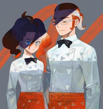 1boy 1girl apron black_bow black_bowtie blue_eyes bow bowtie cowlick glasses glowing glowing_eyes gradient_hair griselle_(pokemon) grisham_(pokemon) hair_pulled_back highres kyufe looking_at_viewer lower_eyelashes_only multicolored_hair nintendo one_eye_closed orange_apron orange_eyes orange_hair partially_shaded_face pokemon pokemon_legends:_z-a shirt split_ponytail thick_eyebrows two-tone_hair upper_body waist_apron wavy_hair white-framed_eyewear white_hair white_shirt