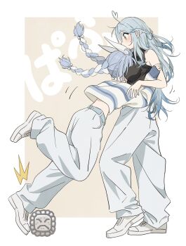 2girls accidental_pervert ahoge animal_ears belt black_shirt blue_belt blue_hair blue_shirt blush braid breasts brown_background casual colored_tips commentary face_to_breasts full_body hair_ribbon heart heart_ahoge highres hololive large_breasts long_hair mario_(series) midriff motion_lines multicolored_hair multicolored_shirt multiple_girls nintendo pants pointy_ears rabbit_ears rabbit_girl ribbon shirt shoes simple_background sleeveless sleeveless_shirt sleeves_past_wrists sneakers sound_effects standing striped_clothes striped_shirt sweatpants tauyoshi728 thwomp translated tress_ribbon tripping twin_braids twintails two-tone_hair usada_pekora virtual_youtuber white_footwear white_hair white_pants white_shirt yellow_eyes yukihana_lamy