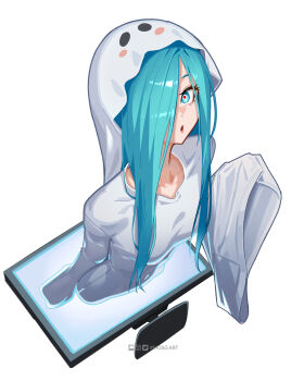 1girl aqua_eyes breasts collarbone from_above ghost ghost_costume hatsune_miku highres inhoso instagram_logo logo looking_at_viewer medium_breasts monitor multicolored_eyes one_eye_covered open_mouth patreon_logo simple_background solo straight_hair twitter_logo upper_body vocaloid white_background