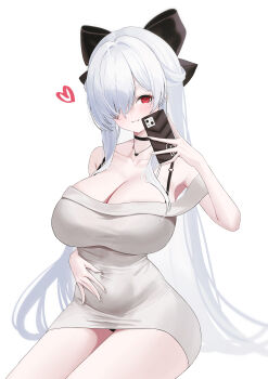 1girl :3 absurdres black_choker breasts choker cinderella_(beautiful_me)_(nikke) cinderella_(nikke) cleavage dongtan_dress dress goddess_of_victory:_nikke grey_dress hair_over_one_eye heart highres holding holding_phone jacket jewelry large_breasts long_hair necklace official_alternate_costume phone red_eyes simple_background solo sxrxri_a taut_clothes taut_dress very_long_hair white_hair