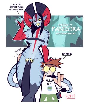 1boy 1girl absurdres alien avatar:_fire_and_ash black_hair blue_skin bodypaint brown_hair character_request colored_skin commentary dreadlocks earrings earth_(planet) english_commentary english_text glasses goodbyellow green_pants highres james_cameron's_avatar jewelry nervous nervous_sweating oxygen_mask pants planet pointy_ears short_hair signature simple_background sweat sweatdrop tail tall_female tank_top white_background white_tank_top yellow_eyes