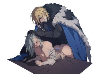 Rule 34 | 1boy, 1girl, absurdres, alternate eye color, armor, ass, black armor, black gloves, blue coat, breasts, clenched teeth, coat, dimitri alexandre blaiddyd, dimitri alexandre blaiddyd (timeskip), female byleth (awakened) (fire emblem), female byleth (fire emblem), fire emblem, fire emblem: three houses, fur-trimmed coat, fur trim, gloves, grabbing another's hair, green eyes, green hair, hetero, highres, holding another's hair, karini, long sleeves, medium hair, naked shirt, nintendo, official alternate hair color, open mouth, rough sex, sex, sex from behind, shirt, simple background, table, teeth, tongue, white background, white shirt