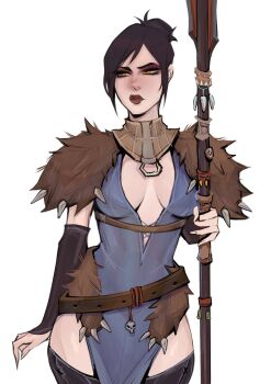 Rule 34 | 1girl, belt, black hair, blue dress, breasts, brown belt, cleavage, closed mouth, commentary, dragon age, dress, eyeshadow, fingernails, fur trim, highres, holding, holding staff, lips, makeup, morrigan (dragon age), pelvic curtain, red eyeshadow, short hair, simple background, solo, staff, white background, yellow eyes, ykshelter