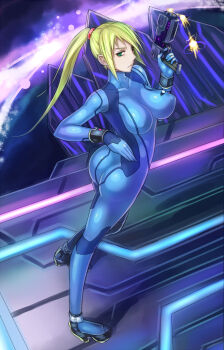 Rule 34 | 1girl, ass, blonde hair, bodysuit, breasts, covered erect nipples, female focus, final destination (smash bros), green eyes, gun, highres, long hair, looking at viewer, metroid, nintendo, ponytail, samus aran, skin tight, solo, sukumo (kemutai), weapon, zero suit