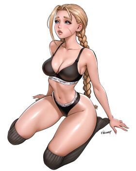 1girl arm_support black_bra black_panties black_socks blonde_hair blue_eyes bra braid breasts cammy_white capcom cleavage clothes_writing collarbone kneehighs large_breasts lingerie lips long_hair looking_up medium_breasts navel panties parted_lips scar scar_on_face sitting socks street_fighter teeth thick_thighs thighs twin_braids underwear very_long_hair white_background wide_hips wuoarf