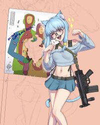 Rule 34 | 1girl, absurdres, animal ears, artist name, battle rifle, blue hair, blue nails, blue sweater, cat ears, cat girl, cat tail, commentary, cowboy shot, cropped sweater, english commentary, english text, fangs, gun, gun sling, h&amp;k hk51, highres, looking at viewer, midriff, off-shoulder sweater, off shoulder, one eye closed, open mouth, original, paw pose, pleated skirt, puto trash, red eyes, rifle, round eyewear, sidelocks, silhouette target, skirt, sweater, tail, target, teeth, weapon