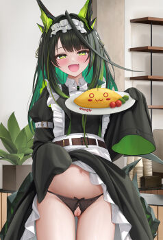 1girl absurdres alternate_costume animal_ears apron arknights black_dress black_hair black_panties blush cleft_of_venus clothes_lift colored_inner_hair dress fang food green_eyes green_hair highres holding holding_plate indoors keine09 long_hair looking_at_viewer maid maid_apron maid_headdress mon3tr_(arknights) multicolored_hair navel omelet omurice open_mouth panties plate pregnant pussy pussy_cutout skin_fang skirt skirt_lift sleeves_past_fingers sleeves_past_wrists solo stomach tail two-tone_hair underwear